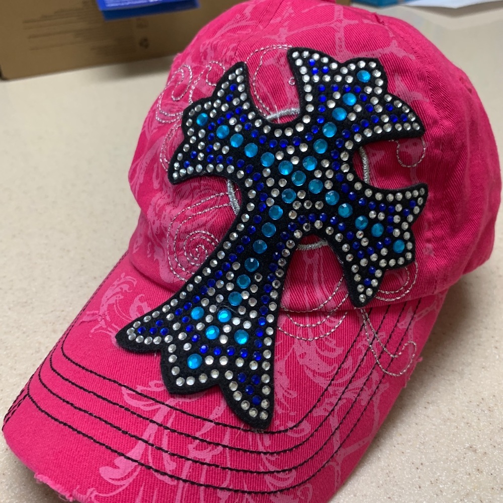 Pink Leader Cap with Rhinestones on the Black Fabric Cross.  SPARKLE
